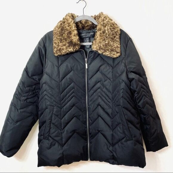 Black Down Filled Puffer Jacket Faux Fur Collar - Picture 1 of 12